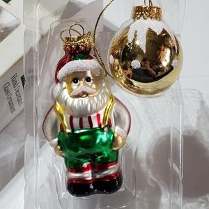 Vtg Holiday Home 2pc Ornament set Santa overalls Gold ball glass Hand Decorated